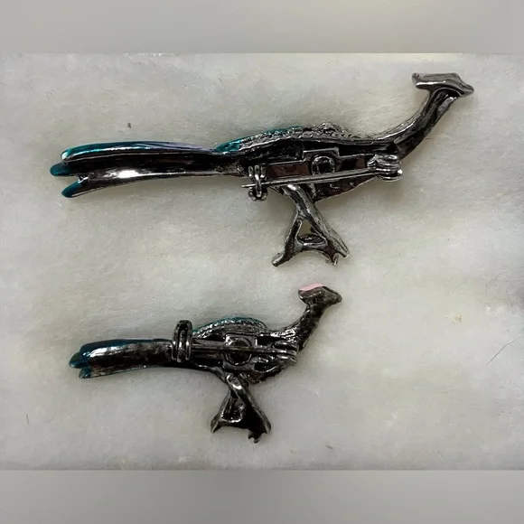 Vintage Elegant Teal and Silver Bird Figurines Peacock Roadrunner Rhinestones - Picture 2 of 3